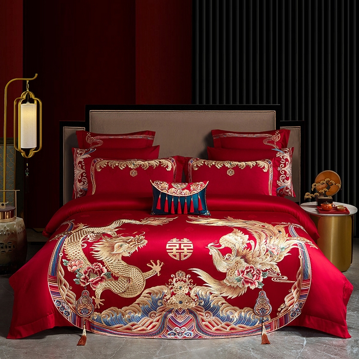 91家纺网 家纺一手货源 找家纺 宏羽纺 2023新款高支高密全棉贡缎提花婚庆套件 富丽堂皇