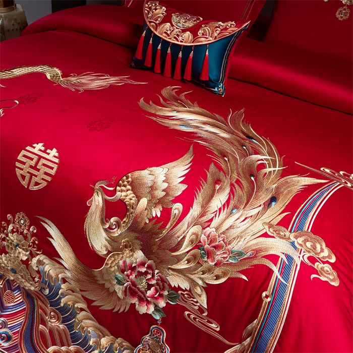 91家纺网 家纺一手货源 找家纺 宏羽纺 2023新款高支高密全棉贡缎提花婚庆套件 富丽堂皇