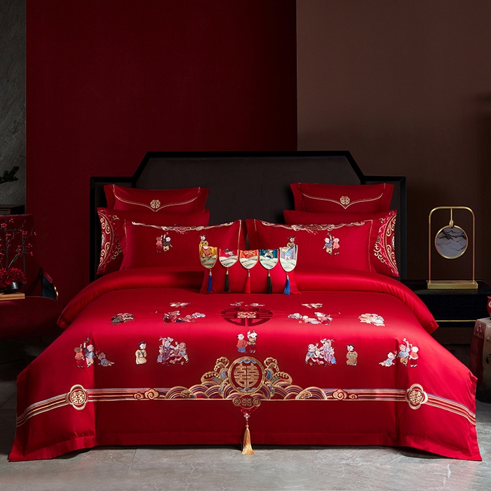 91家纺网 家纺一手货源 找家纺 宏羽纺 2024新款纯棉新中式刺绣婚庆多件套百子呈祥