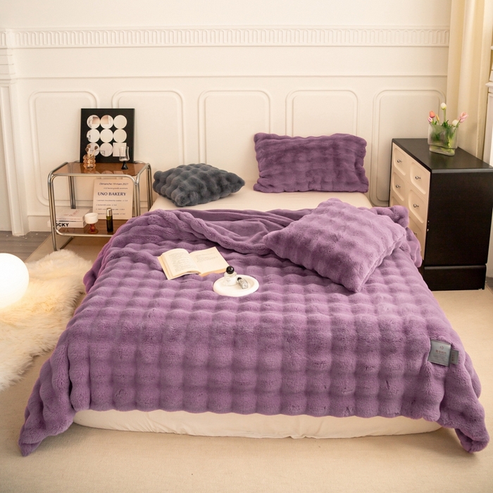 91家纺网 家纺一手货源 找家纺 尚品绵羊毛毯 2025新款仿裘皮皮草貂皮毛毯轻奢高端婚庆加厚双层拉舍尔毛毯 香芋紫