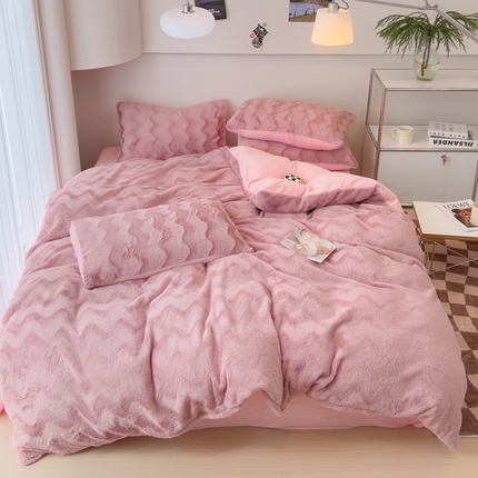 韩都 2023新款直播爆款320克A类波浪兔毛绒立体剪花纯色牛奶绒四件套-暖冬 暖冬-藕粉