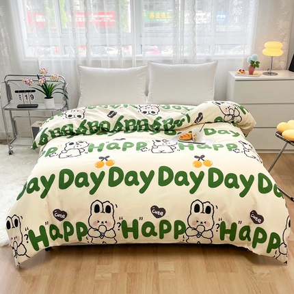 91家纺网 家纺一手货源 找家纺 翎盈家纺 2023新款13372卡通印花单纯棉全棉被套 happy兔