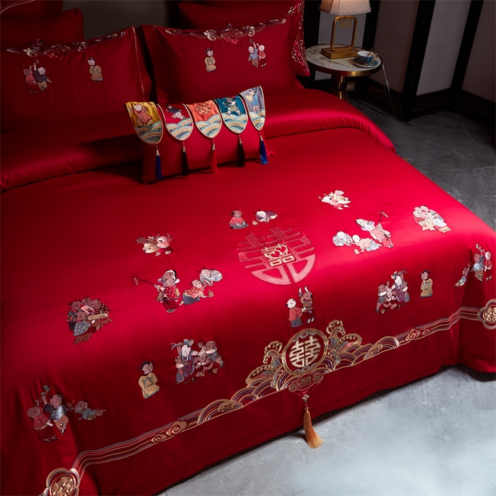 91家纺网 家纺一手货源 找家纺 宏羽纺 2024新款纯棉新中式刺绣婚庆多件套百子呈祥