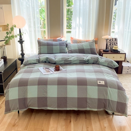 91家纺网 家纺一手货源 找家纺 总 云家2023新款无印风色织全棉纯棉水洗棉系列四件套纯色格子