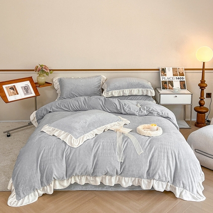 桃子家居 2023新款A类高克重230克法式烂花雕花提花加厚韩版花边牛奶绒四件套 绒烂花-法柔灰