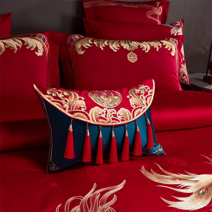 91家纺网 家纺一手货源 找家纺 宏羽纺 2023新款高支高密全棉贡缎提花婚庆套件 富丽堂皇