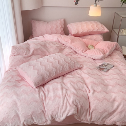 韩都 2023新款直播爆款320克A类波浪兔毛绒立体剪花纯色牛奶绒四件套-暖冬 暖冬-粉玉