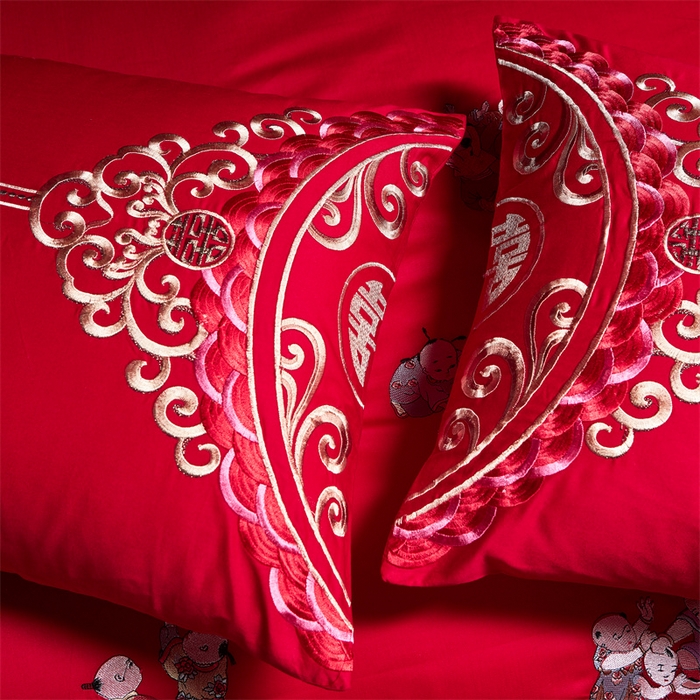 91家纺网 家纺一手货源 找家纺 宏羽纺 2024新款纯棉新中式刺绣婚庆多件套百子呈祥