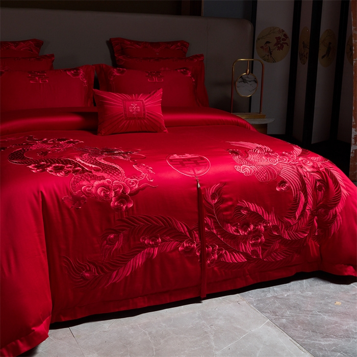 91家纺网 家纺一手货源 找家纺 宏羽纺 2024新款纯棉新中式刺绣婚庆多件套福瑞呈祥-红