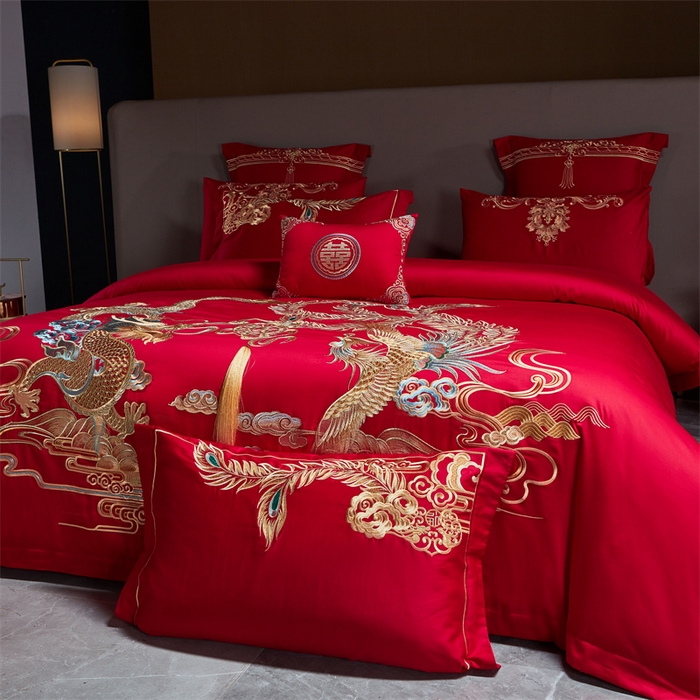 91家纺网 家纺一手货源 找家纺 宏羽纺 2024新款纯棉新中式刺绣婚庆多件套锦绣传承-金