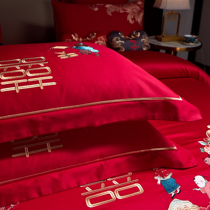 91家纺网 家纺一手货源 找家纺 宏羽纺 2024新款纯棉新中式刺绣婚庆多件套五福纳彩