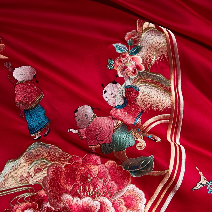 91家纺网 家纺一手货源 找家纺 宏羽纺 2024新款纯棉新中式刺绣婚庆多件套五福纳彩