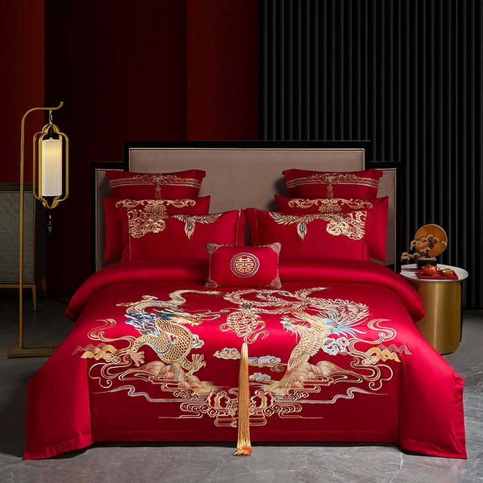 91家纺网 家纺一手货源 找家纺 宏羽纺 2024新款纯棉新中式刺绣婚庆多件套锦绣传承-金