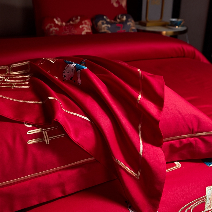 91家纺网 家纺一手货源 找家纺 宏羽纺 2024新款纯棉新中式刺绣婚庆多件套五福纳彩