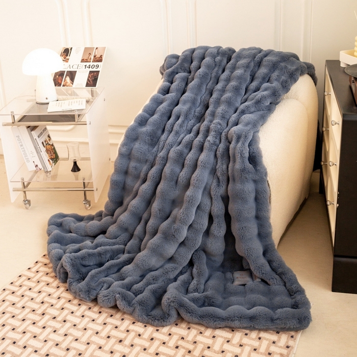 91家纺网 家纺一手货源 找家纺 尚品绵羊毛毯 2025新款仿裘皮皮草貂皮毛毯轻奢高端婚庆加厚双层拉舍尔毛毯 星月灰