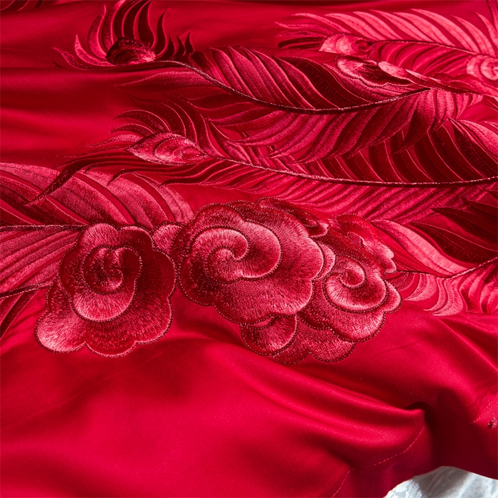 91家纺网 家纺一手货源 找家纺 宏羽纺 2024新款纯棉新中式刺绣婚庆多件套福瑞呈祥-红