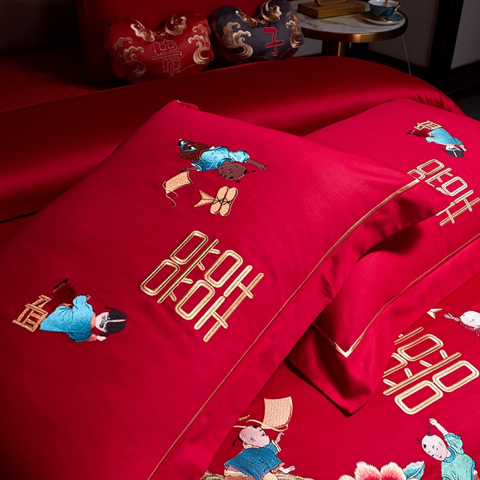 91家纺网 家纺一手货源 找家纺 宏羽纺 2024新款纯棉新中式刺绣婚庆多件套五福纳彩