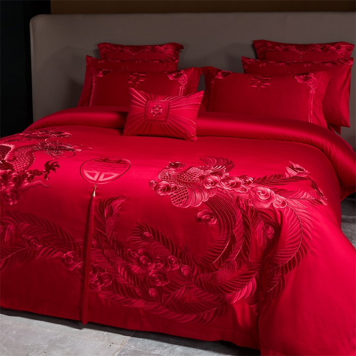 91家纺网 家纺一手货源 找家纺 宏羽纺 2024新款纯棉新中式刺绣婚庆多件套福瑞呈祥-红