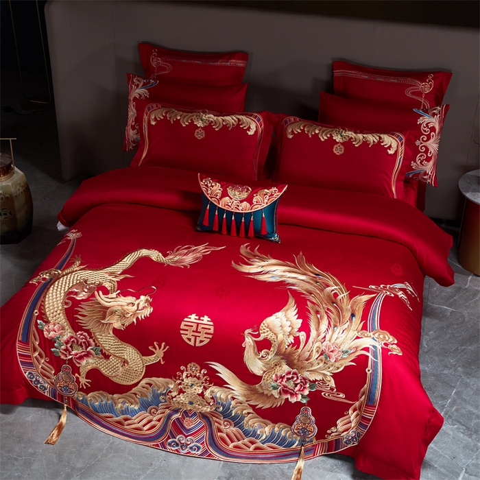 91家纺网 家纺一手货源 找家纺 宏羽纺 2023新款高支高密全棉贡缎提花婚庆套件 富丽堂皇