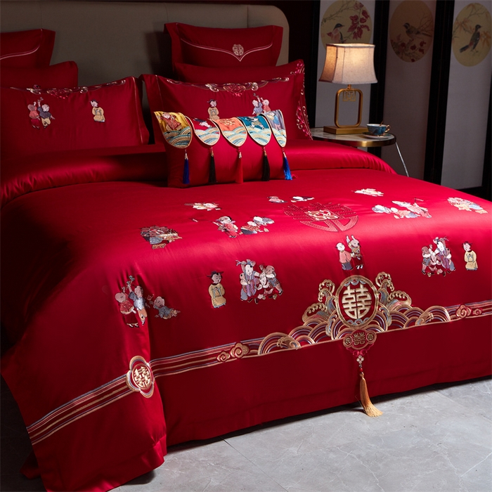 91家纺网 家纺一手货源 找家纺 宏羽纺 2024新款纯棉新中式刺绣婚庆多件套百子呈祥