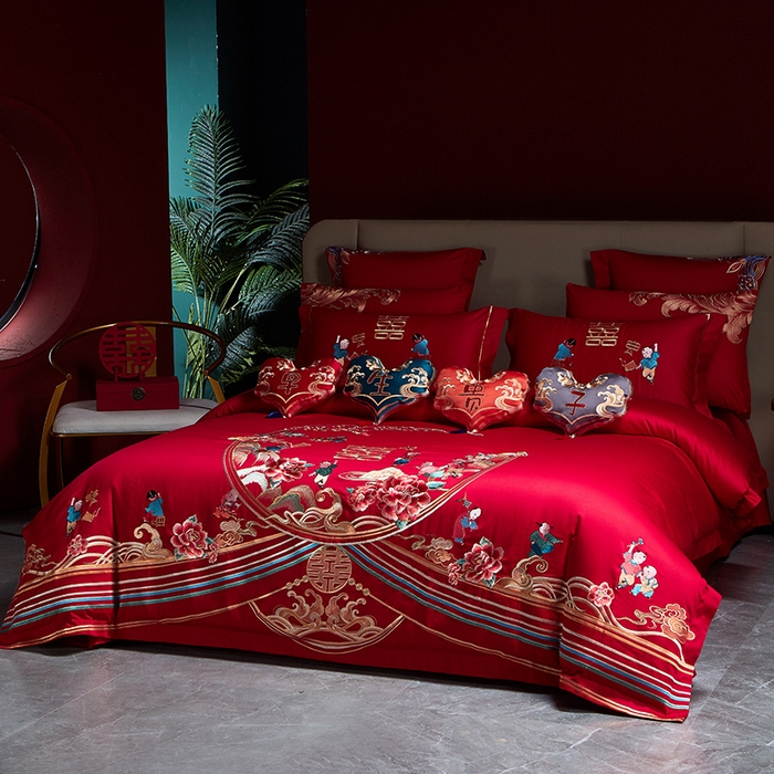 91家纺网 家纺一手货源 找家纺 宏羽纺 2024新款纯棉新中式刺绣婚庆多件套五福纳彩