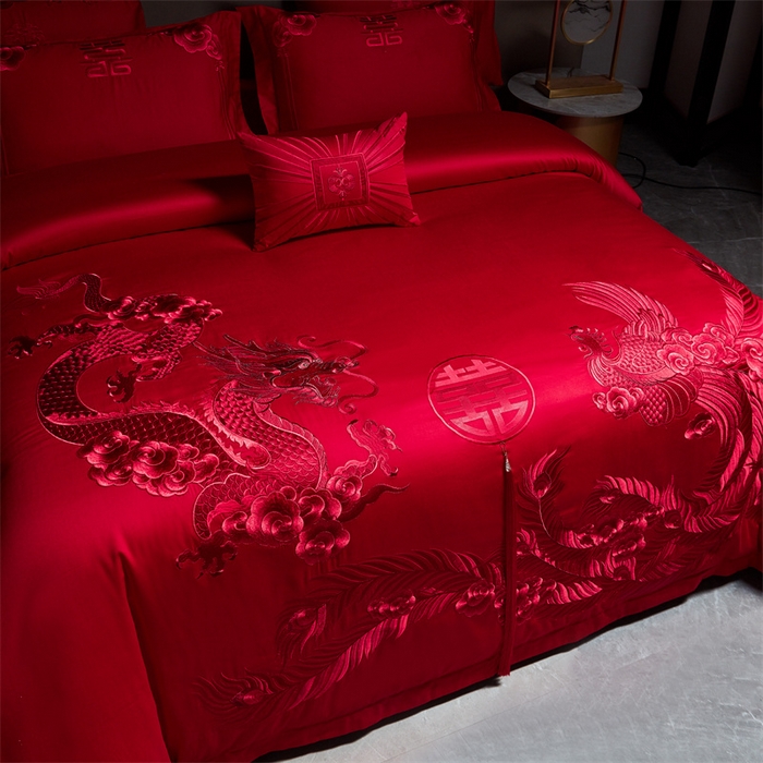 91家纺网 家纺一手货源 找家纺 宏羽纺 2024新款纯棉新中式刺绣婚庆多件套福瑞呈祥-红