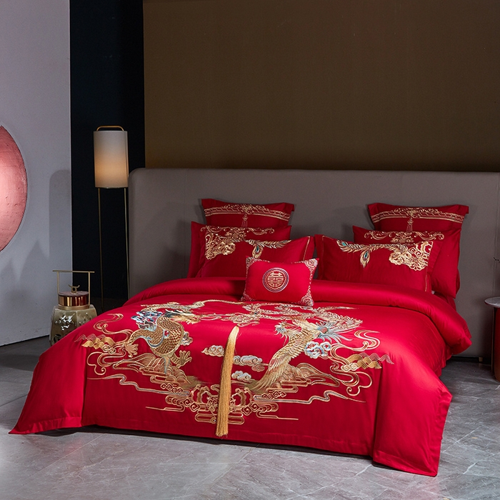 91家纺网 家纺一手货源 找家纺 宏羽纺 2024新款纯棉新中式刺绣婚庆多件套锦绣传承-金