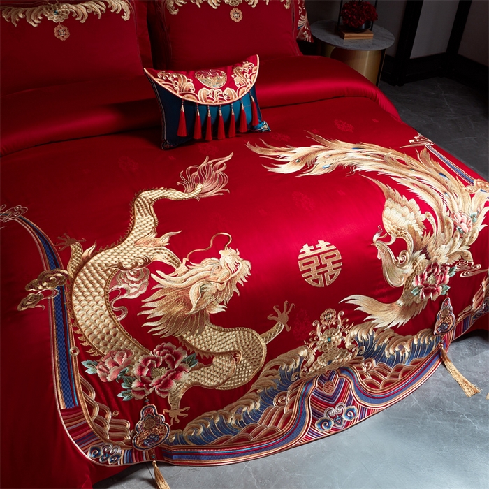 91家纺网 家纺一手货源 找家纺 宏羽纺 2023新款高支高密全棉贡缎提花婚庆套件 富丽堂皇