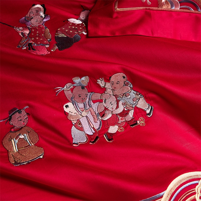 91家纺网 家纺一手货源 找家纺 宏羽纺 2024新款纯棉新中式刺绣婚庆多件套百子呈祥