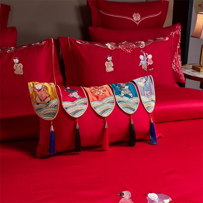 91家纺网 家纺一手货源 找家纺 宏羽纺 2024新款纯棉新中式刺绣婚庆多件套百子呈祥