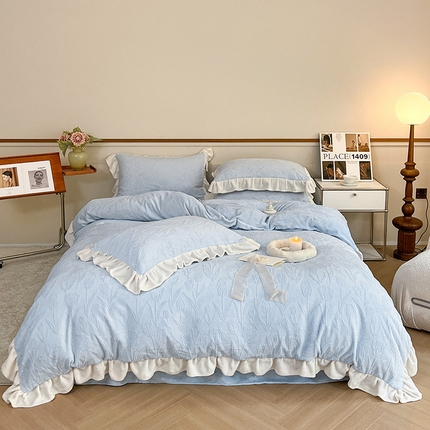 桃子家居 2023新款A类高克重230克法式烂花雕花提花加厚韩版花边牛奶绒四件套 绒烂花-郁金香天蓝