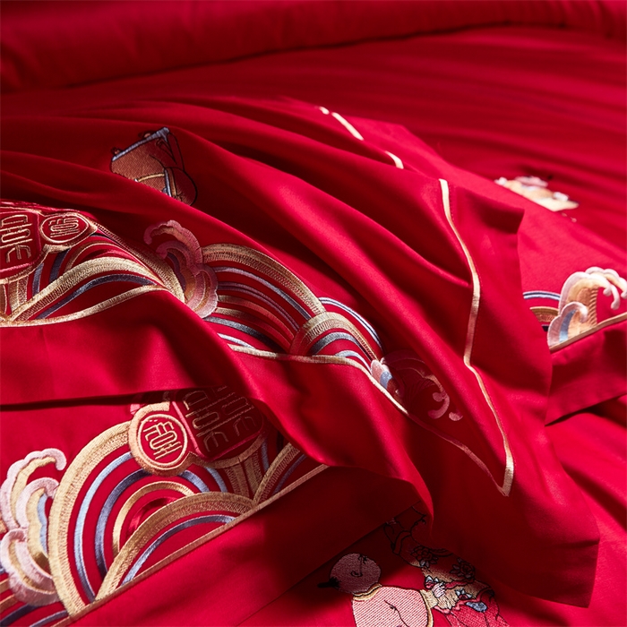 91家纺网 家纺一手货源 找家纺 宏羽纺 2024新款纯棉新中式刺绣婚庆多件套百子呈祥