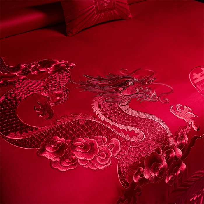 91家纺网 家纺一手货源 找家纺 宏羽纺 2024新款纯棉新中式刺绣婚庆多件套福瑞呈祥-红