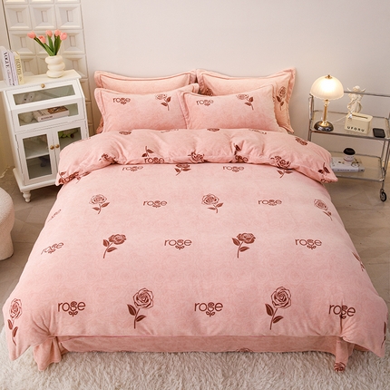 尚品凤凰2025新款高克重印花牛奶绒四件套-工艺款盈盈花语-粉