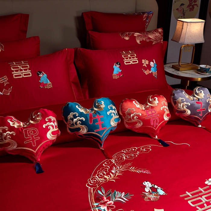 91家纺网 家纺一手货源 找家纺 宏羽纺 2024新款纯棉新中式刺绣婚庆多件套五福纳彩