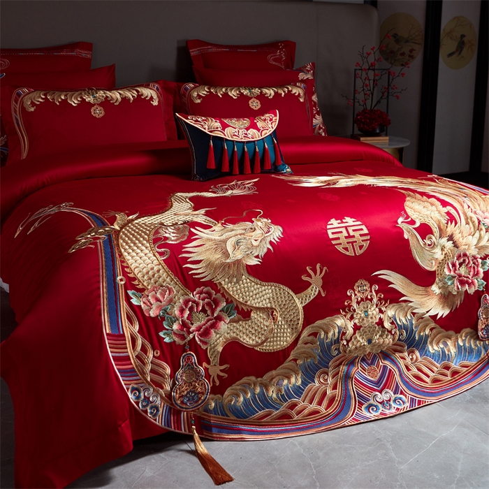 91家纺网 家纺一手货源 找家纺 宏羽纺 2023新款高支高密全棉贡缎提花婚庆套件 富丽堂皇