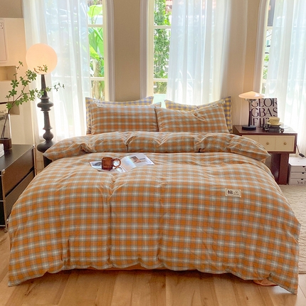 91家纺网 家纺一手货源 找家纺 总 云家2023新款无印风色织全棉纯棉水洗棉系列四件套纯色格子