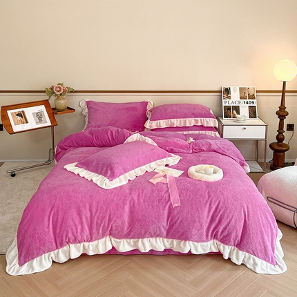 桃子家居 2023新款A类高克重230克法式烂花雕花提花加厚韩版花边牛奶绒四件套 绒烂花-洛川玫红
