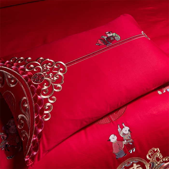 91家纺网 家纺一手货源 找家纺 宏羽纺 2024新款纯棉新中式刺绣婚庆多件套百子呈祥