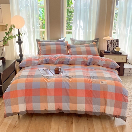 91家纺网 家纺一手货源 找家纺 总 云家2023新款无印风色织全棉纯棉水洗棉系列四件套纯色格子