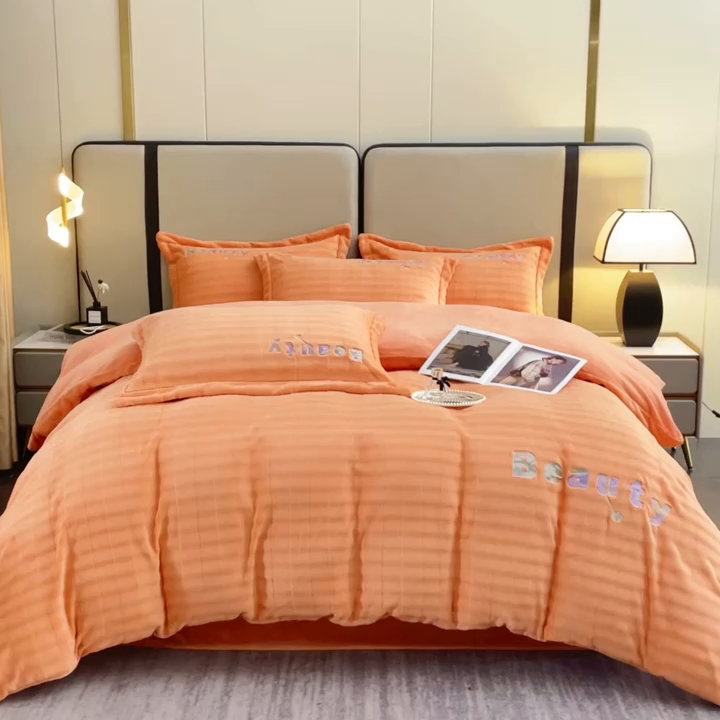 91家纺网 家纺一手货源 找家纺 新款牛奶绒绣花款四件套系列 清仓价！ 桔色