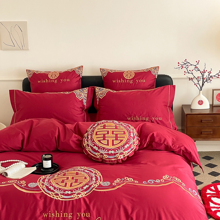 91家纺网 家纺一手货源 找家纺 （总）西西家居 2023新款新中式大红婚庆100支澳棉四件套-囍愿