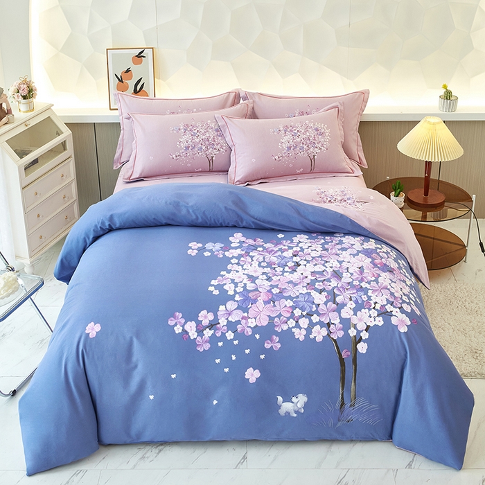 91家纺网 家纺一手货源 找家纺 雲归梦 2023年新款加厚全棉生态磨毛大版四件套许愿树 蓝