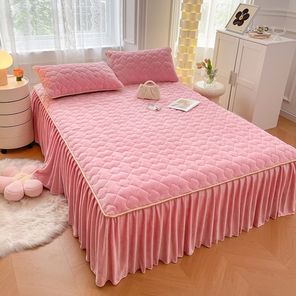 圣比熊 牛奶绒夹棉床裙床罩床单床盖床护垫套三件套 樱花粉