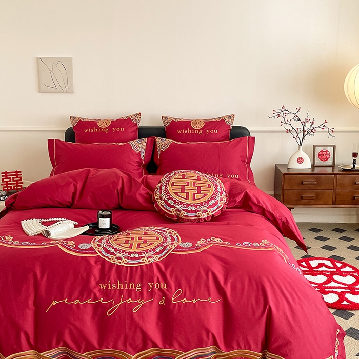 91家纺网 家纺一手货源 找家纺 （总）西西家居 2023新款新中式大红婚庆100支澳棉四件套-囍愿