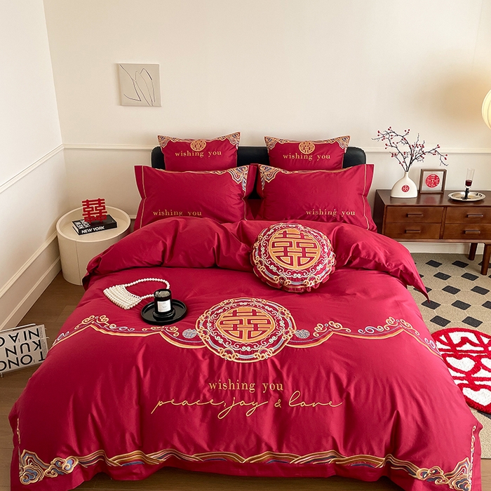 91家纺网 家纺一手货源 找家纺 （总）西西家居 2023新款新中式大红婚庆100支澳棉四件套-囍愿