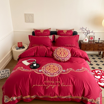 91家纺网 家纺一手货源 找家纺 （总）西西家居 2023新款新中式大红婚庆100支澳棉四件套-囍愿