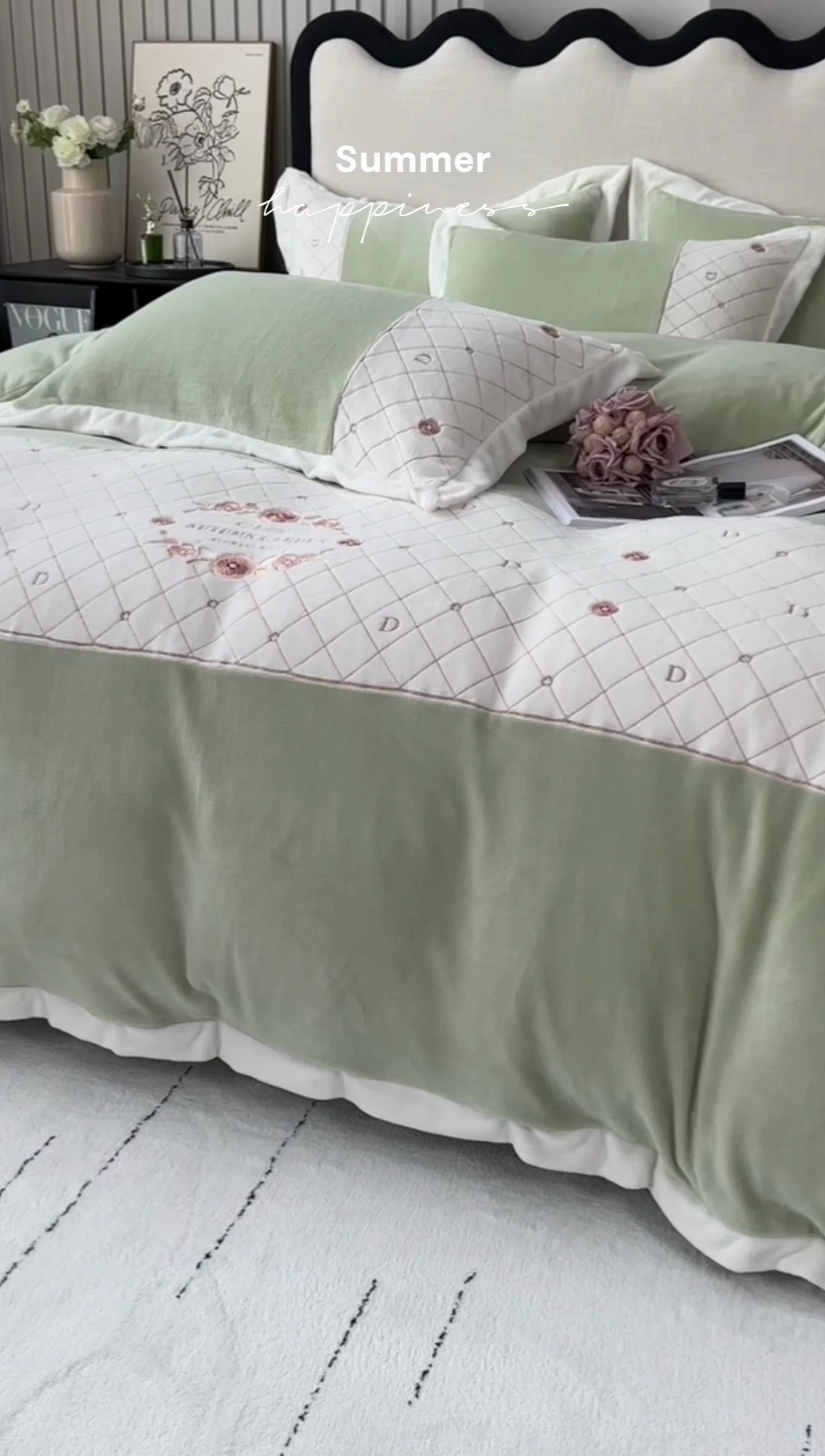 91家纺网 家纺一手货源 找家纺 绒世界 2024秋冬高端刺绣菲曼牛奶绒四件套 菲曼-牛油果绿