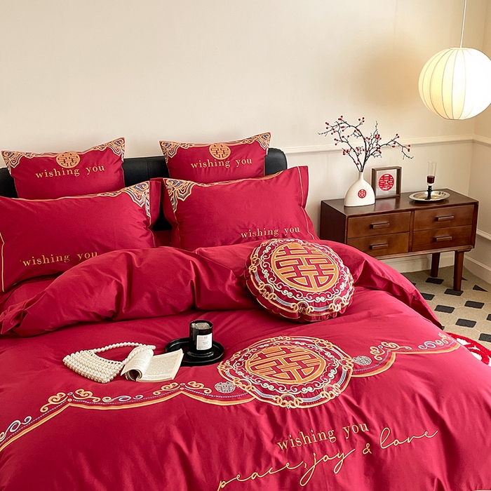 91家纺网 家纺一手货源 找家纺 （总）西西家居 2023新款新中式大红婚庆100支澳棉四件套-囍愿