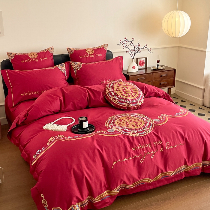 91家纺网 家纺一手货源 找家纺 （总）西西家居 2023新款新中式大红婚庆100支澳棉四件套-囍愿